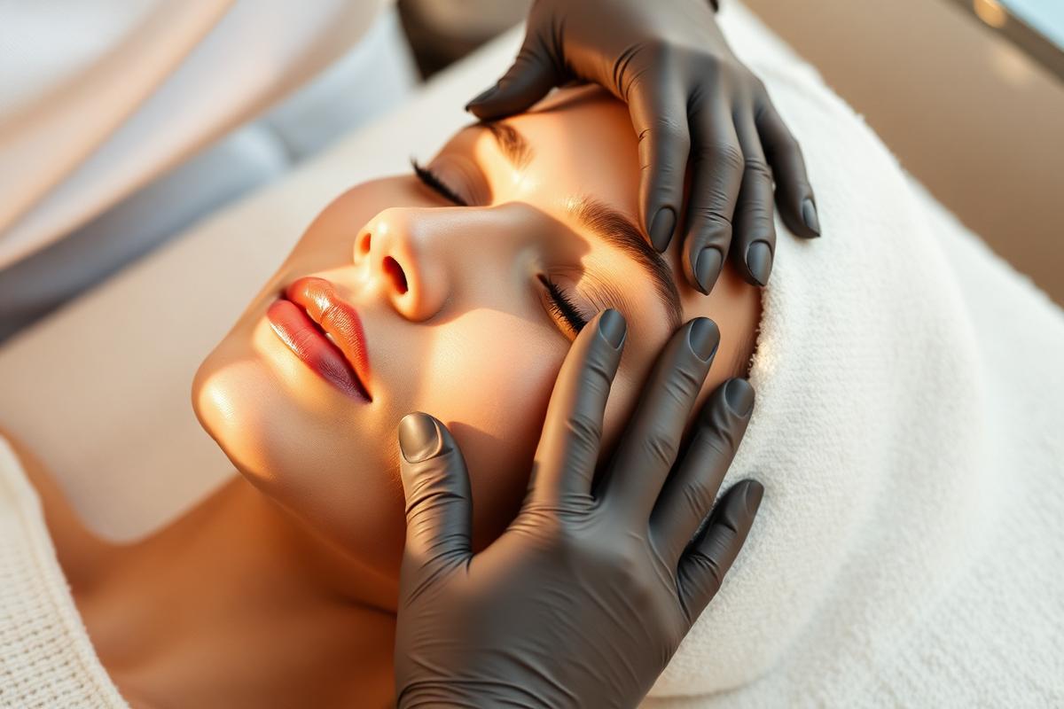 Aesthetician performing a facial treatment on a relaxed client