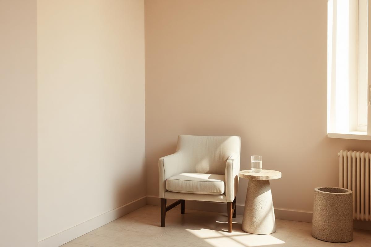 Calm clinic waiting corner with a linen armchair in soft daylight