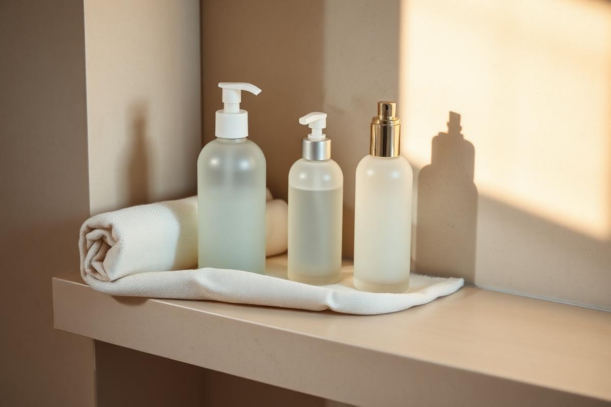 Three unbranded skincare bottles and a linen cloth on a pale shelf