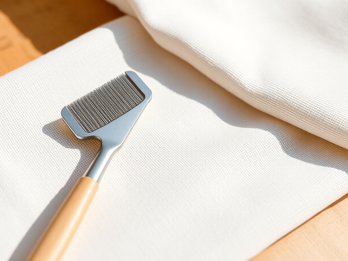 Slim stainless exfoliating blade tool resting on folded white linen