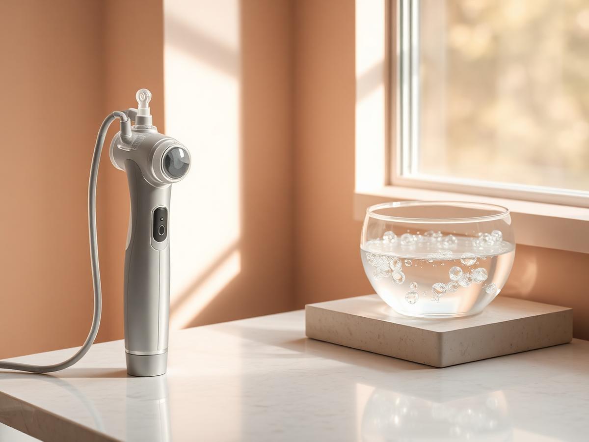 Hydradermabrasion handpiece beside a glass vessel of water on a pale stone counter