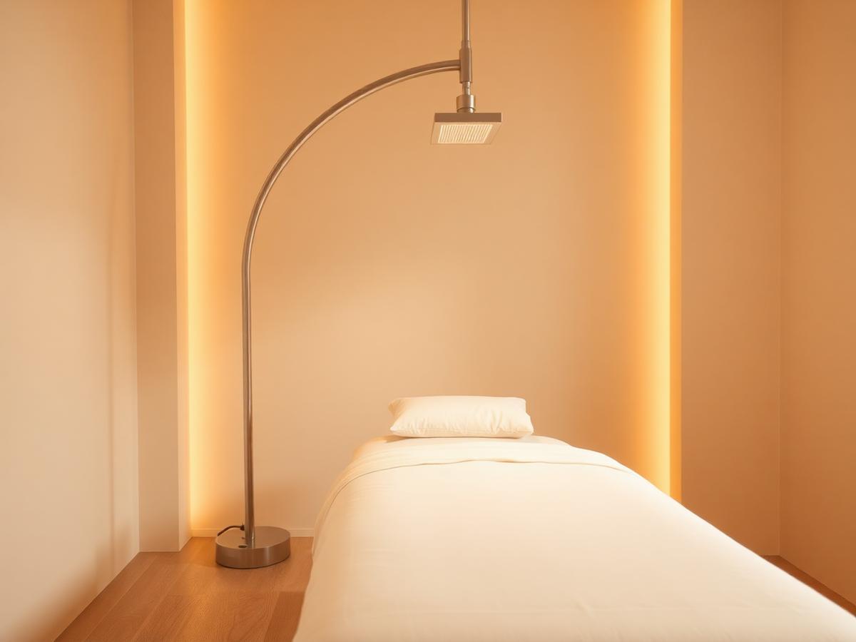 Empty treatment bed under a soft warm light therapy arm in a calm neutral room