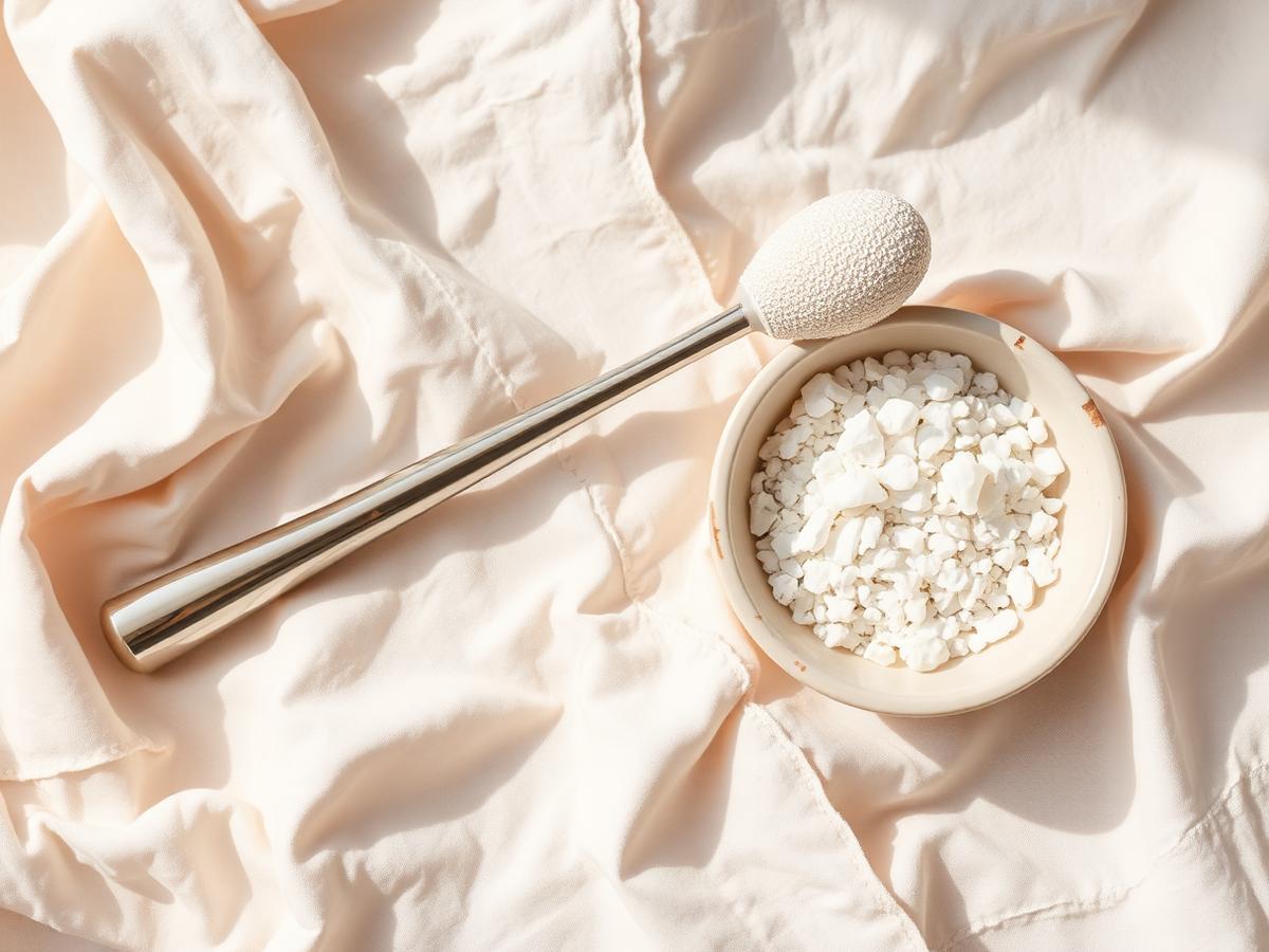 Polished exfoliation wand on cream linen beside a dish of fine crystals