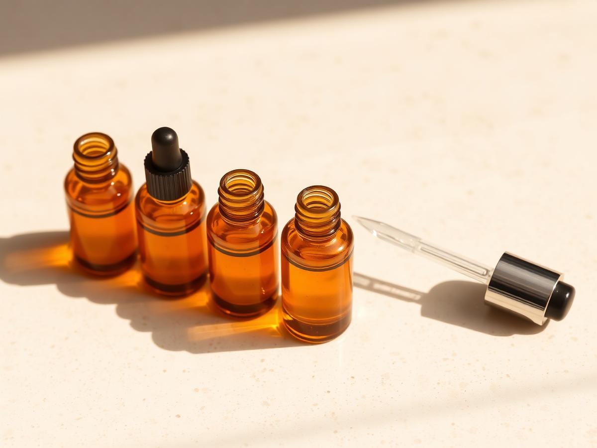 Amber serum ampoules and a glass pipette on warm stone in soft daylight
