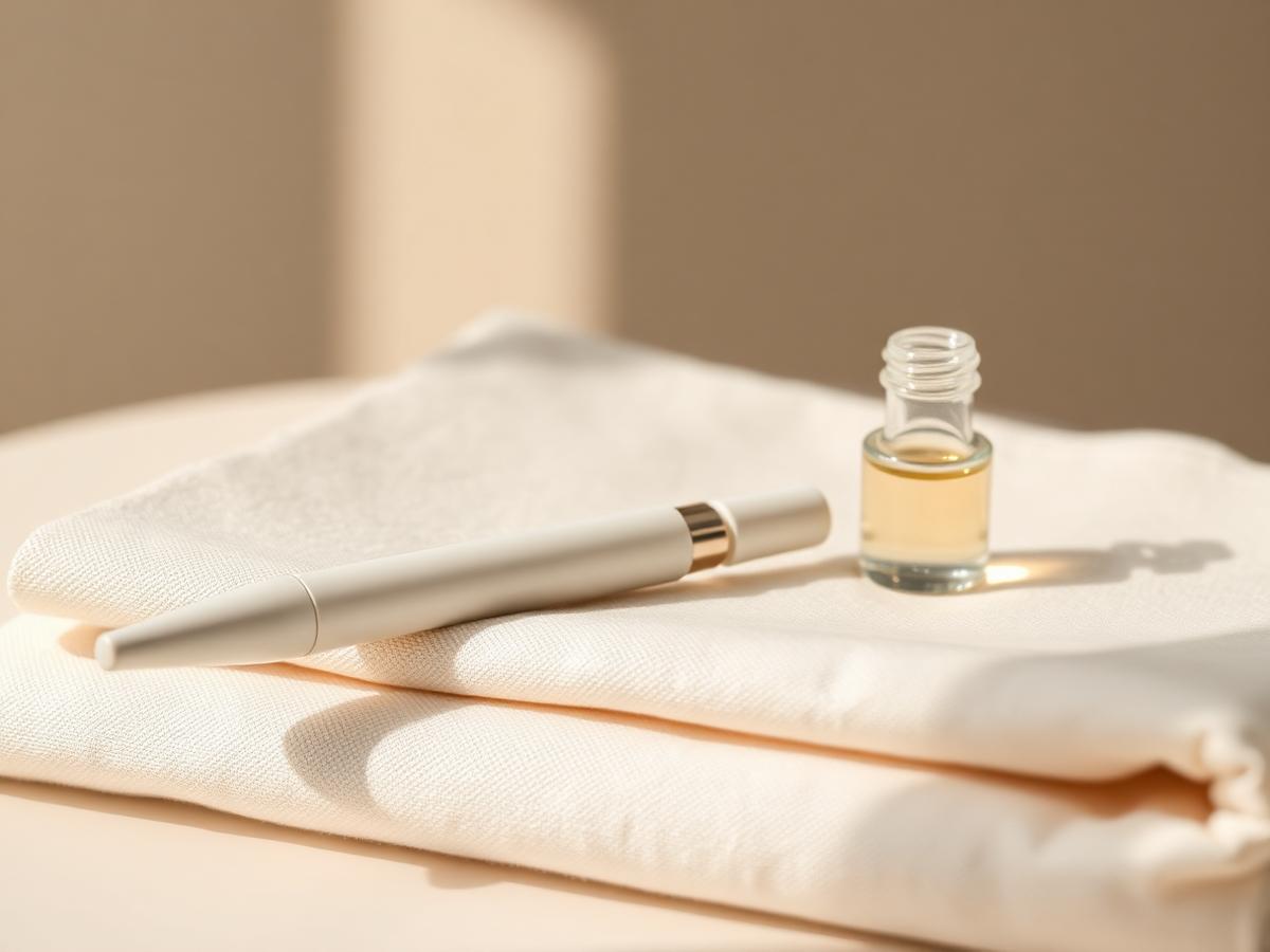 Sterile microneedling pen resting on folded cream linen beside a small glass ampoule